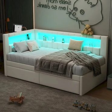 Essential True Basics Upholstered Platform Bed with USB Ports & LED Lighting Full/Twin Size 2 Storage Drawers White Pink Practical