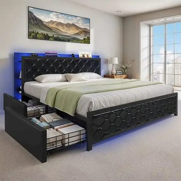 Popular True Basics Moasis Queen Size PU Bed Frame LED Upholstered Platform Bed Frame Practical