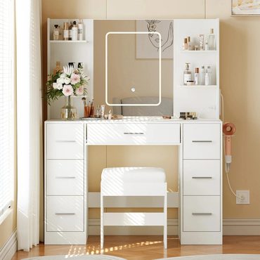 Limited Direct Source Garvee 43.3'' Vanity Desk Stool Set Modern Makeup Table with Lighted Mirror White Distinctive