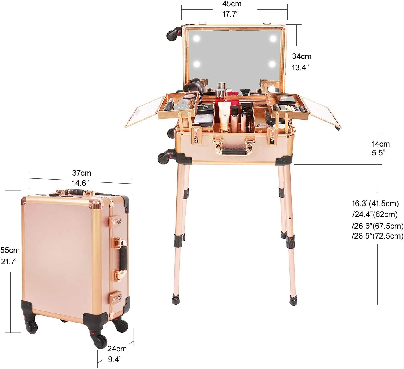 Limited Everyday Co Medium Makeup Train Case Code Lock Lighted Mirror Speaker Travel Cosmetic Rose Gold Practical