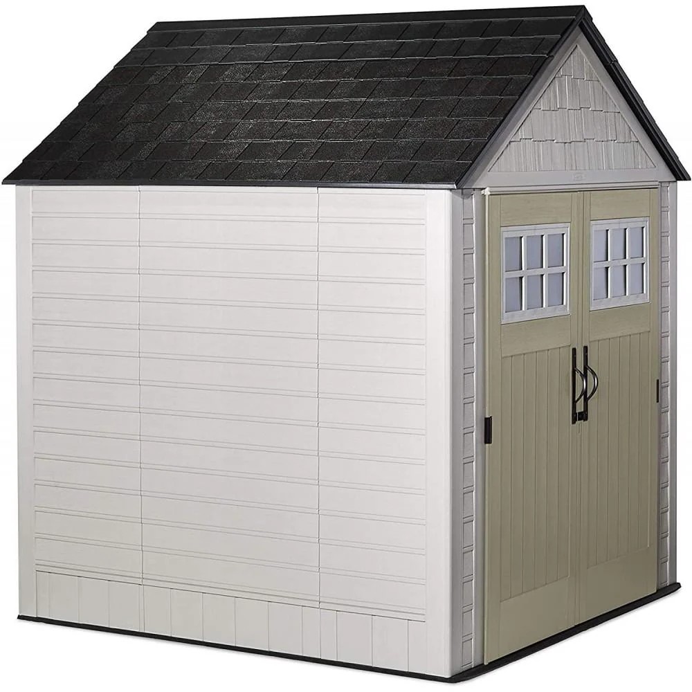 Genuine Open Market Rubbermaid 7x7 Ft Weather Resistant Resin Outdoor Storage Shed with Windows, Sand Practical