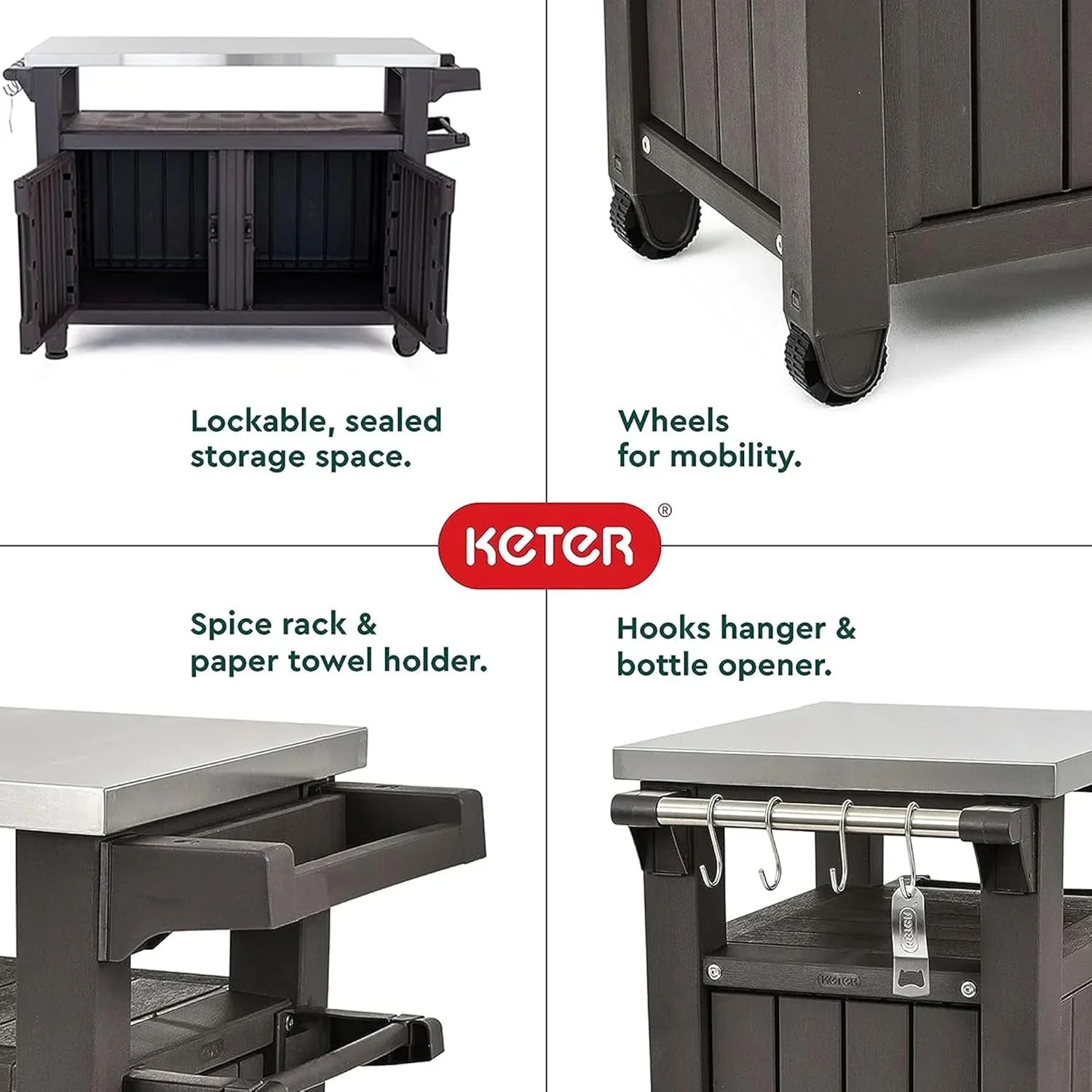 Premium Everyday Co Keter Outdoor Rolling Table Cart for Food Prep, Storage, Bar & Grill, Dark Brown Modern