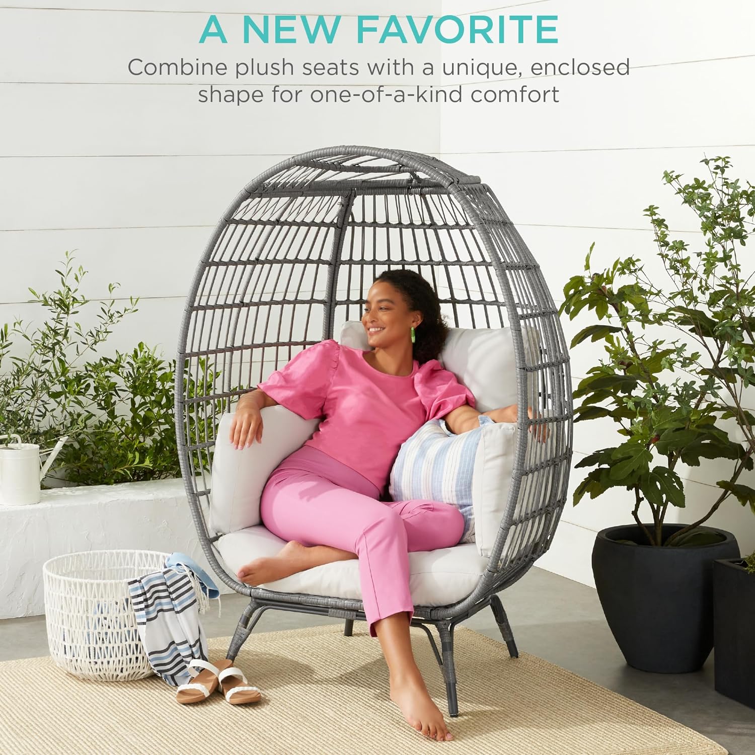 Durable Fresh Find Best Choice Products Wicker Egg Chair Oversized Indoor Outdoor Lounger Ivory Distinctive
