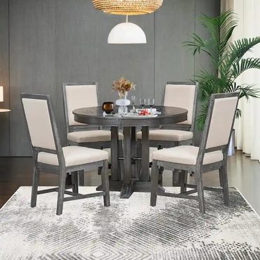 Limited True Basics 5-Piece Dining Set Extendable Round Table 4 Chairs Natural Wood Enhanced