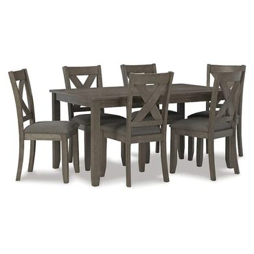 Limited Open Market 7 Piece Dining Table Set, Lattice Back Chairs, Dark Gray Wood, Polyester Universal