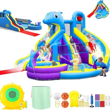 Popular Simple Goods 11-in-1 Inflatable Water Slide & Dolphin Bounce House 550W Blower Functional