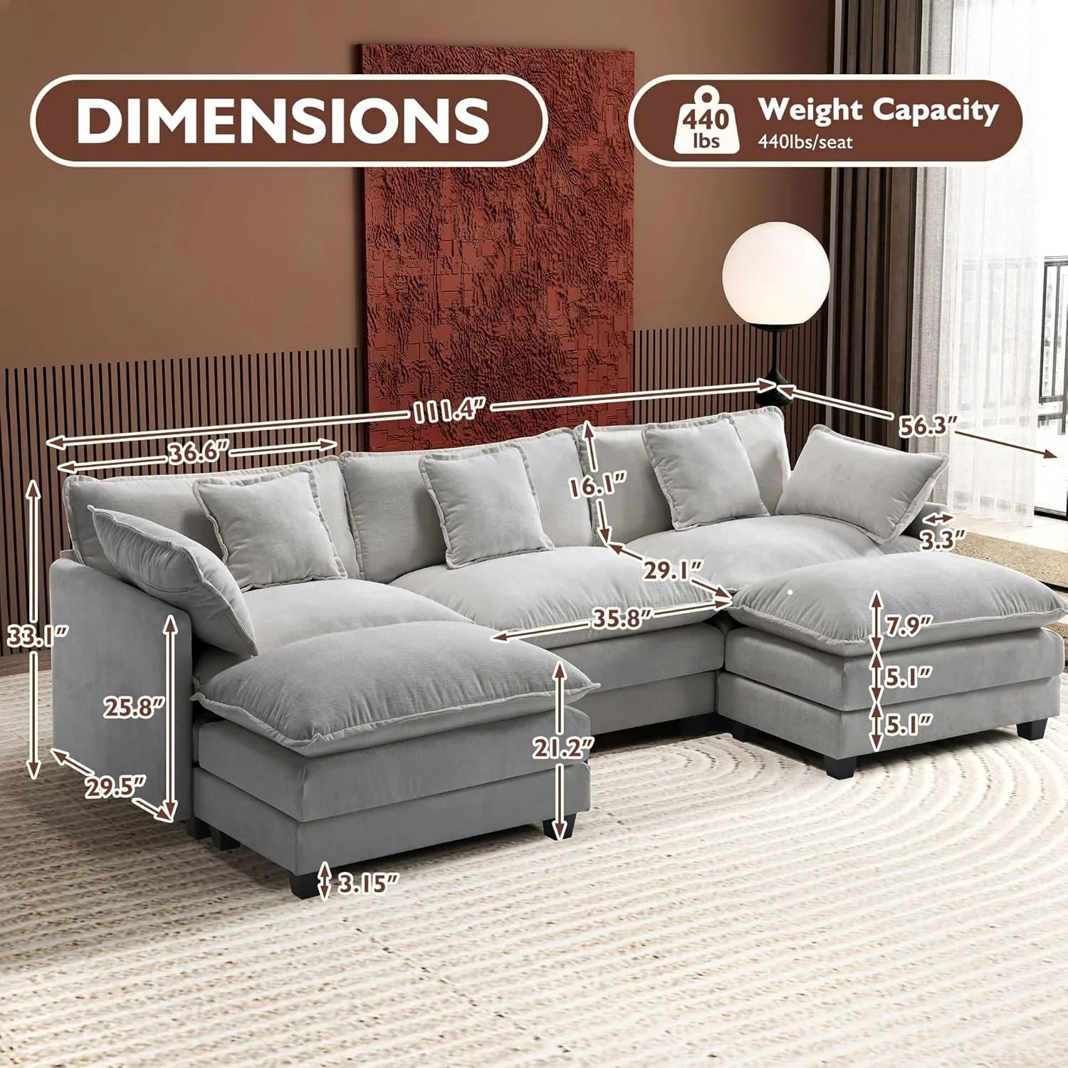 Premium Fresh Find Ihanherry 146" U-Shaped Modern Sofa Modular Sectional Cloud Couch Grey Practical