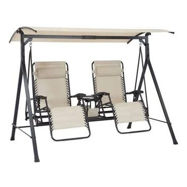 New 2026 True Basics Mainstays Zero-Gravity Steel Porch Swing - Beige/Black, Size: 90.55 inch x 58.27 inch x 72.44 inch Modern