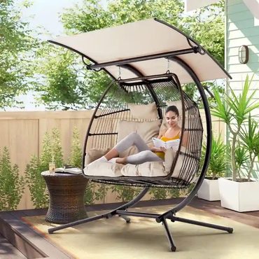 Advanced Basic Line Outdoor Swing Loveseat with Stand Foldable Hanging Chair Double Egg Chair Beige Functional
