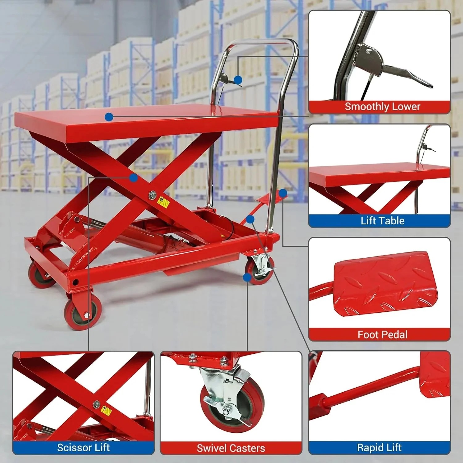 Limited Smart Pick 500LBS Hydraulic Lift Table Cart, 30" Lifting Height, Double Scissor with 4 Wheels Value