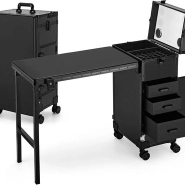 Advanced Everyday Co Rolling Manicure Table with Drawers, Bluetooth Speaker, LED Mirror, TSA Lock Everyday
