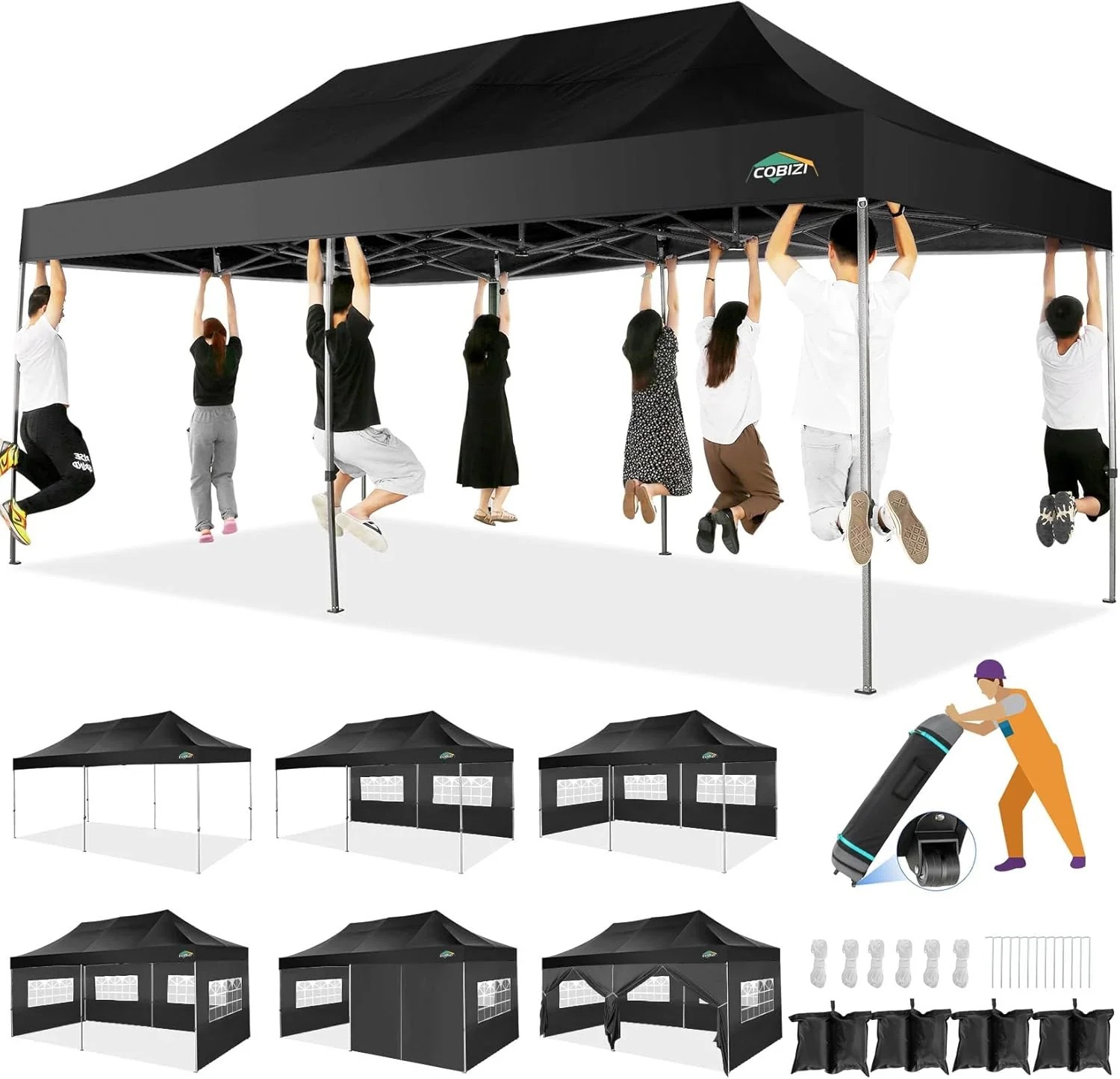 In Stock Pure Value COBIZI 10x20 Heavy Duty Pop up Canopy Tent with 6 Sidewalls Black Functional