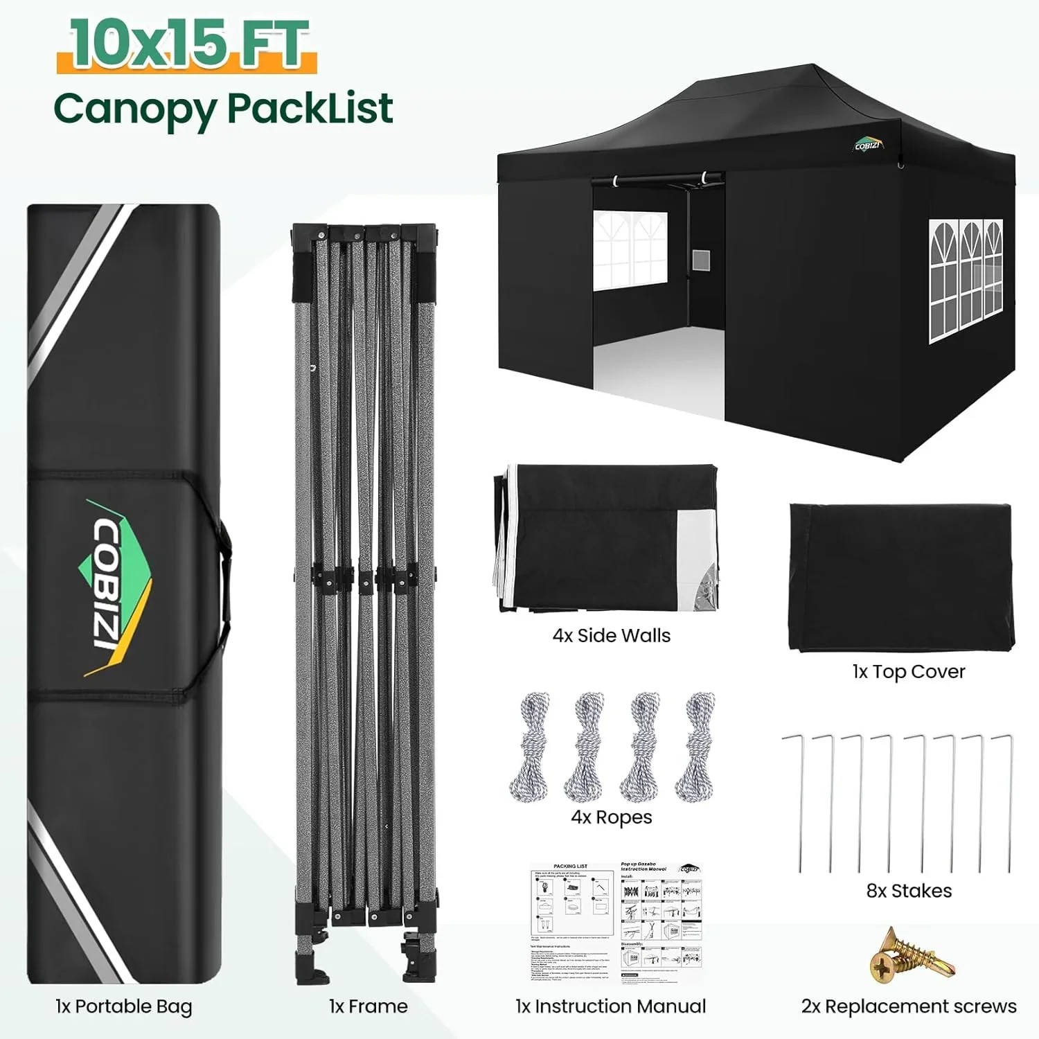In Stock Pure Value COBIZI 10x20 Heavy Duty Pop up Canopy Tent with 6 Sidewalls Black Functional