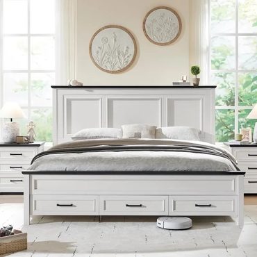 Annual Open Market Farmhouse King Wood Bed Frame with Headboard, Platform Bedframe Everyday