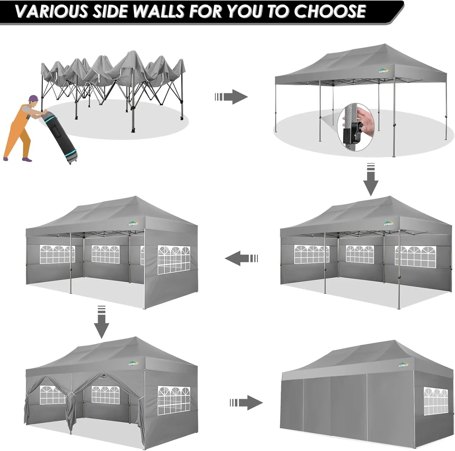 In Stock Pure Value COBIZI 10x20 Heavy Duty Pop up Canopy Tent with 6 Sidewalls Black Functional