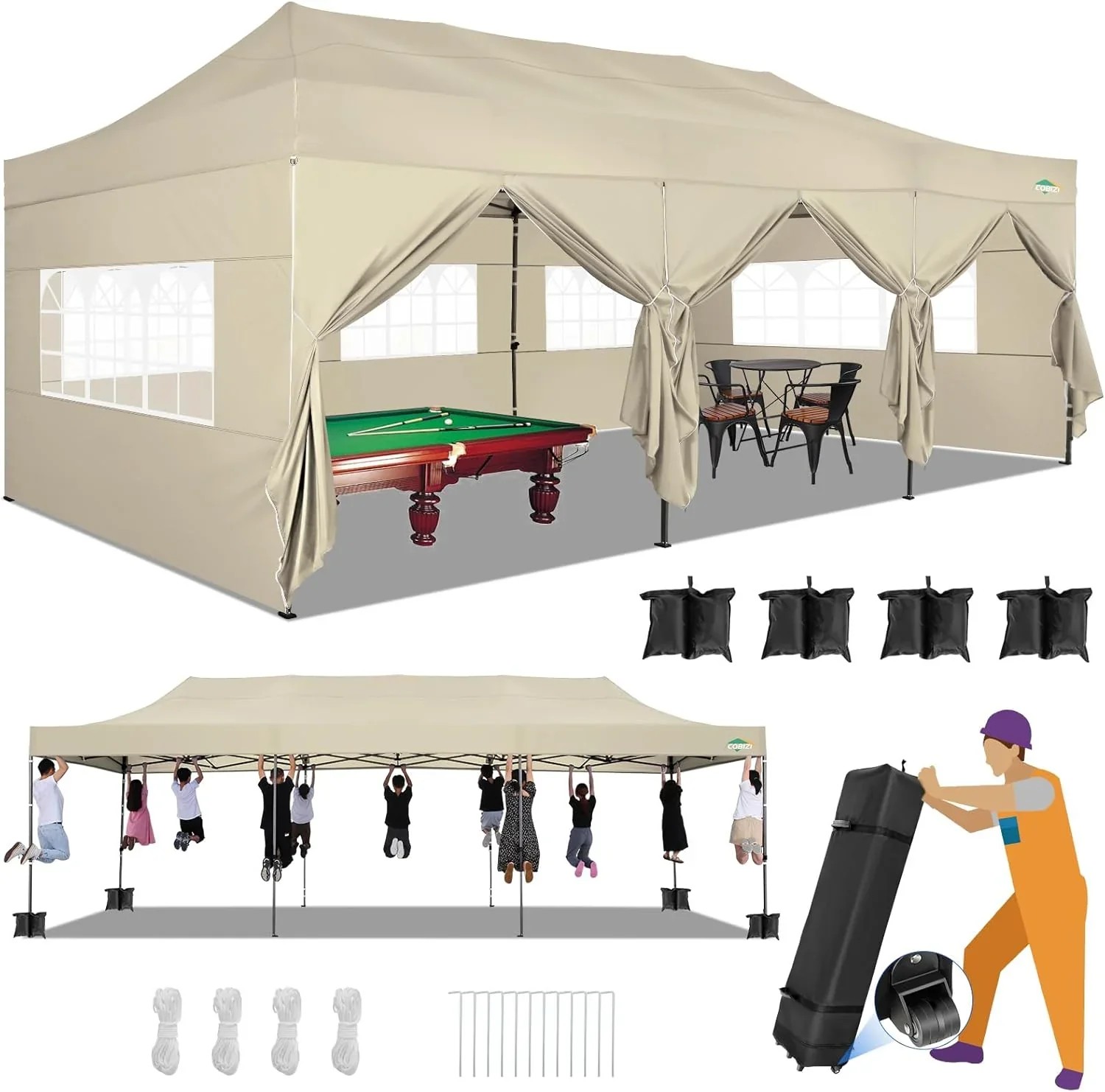 In Stock Pure Value COBIZI 10x20 Heavy Duty Pop up Canopy Tent with 6 Sidewalls Black Functional