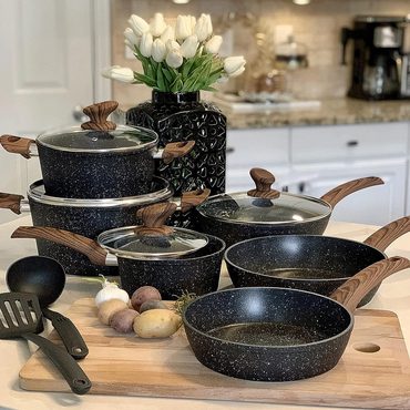 Select Clear Choice Kitchen Academy Induction Cookware Sets - 12 Piece Green Cooking Pan Set, Granite Nonstick Pots and Pans Set Enhanced