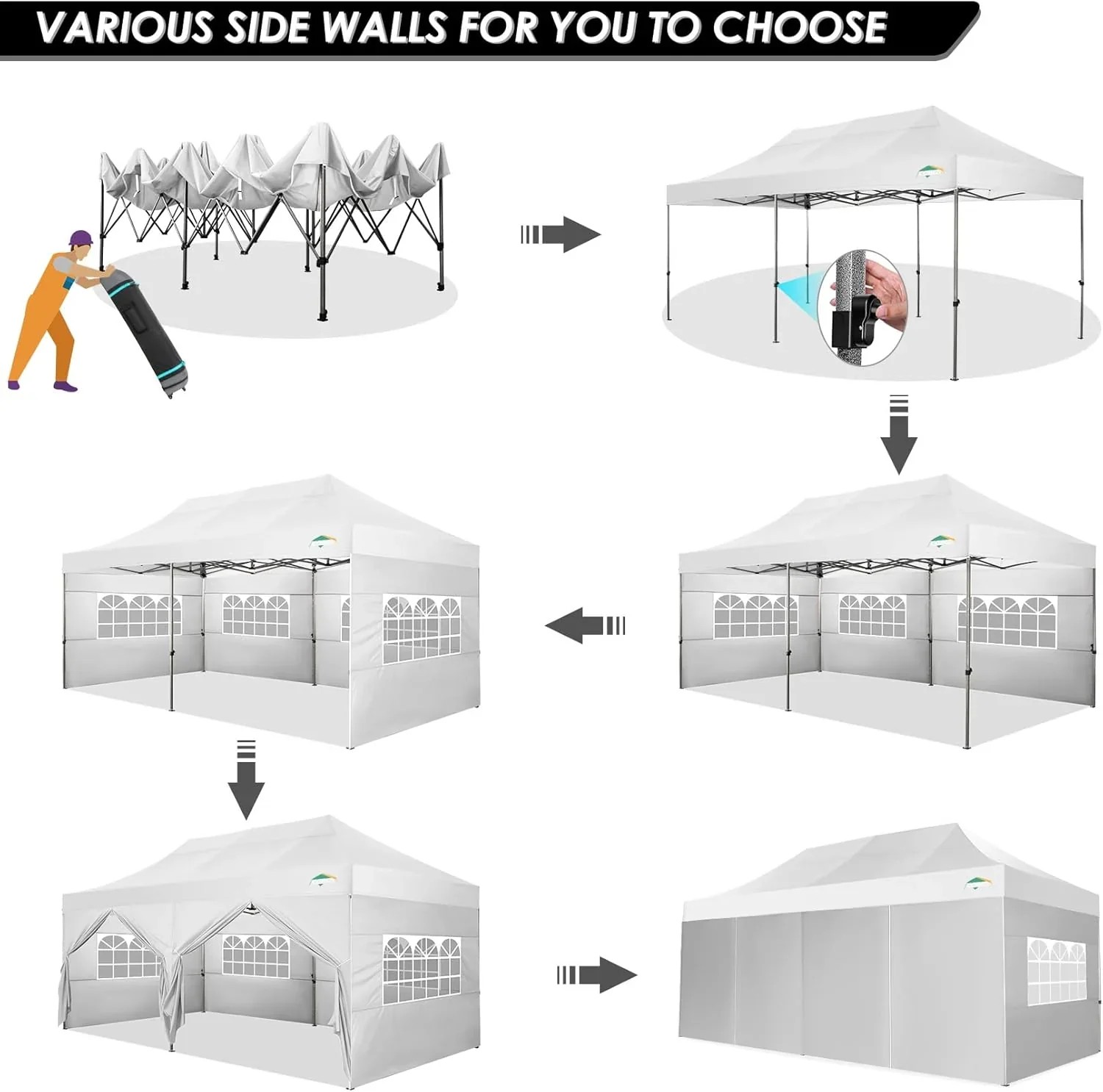 In Stock Pure Value COBIZI 10x20 Heavy Duty Pop up Canopy Tent with 6 Sidewalls Black Functional