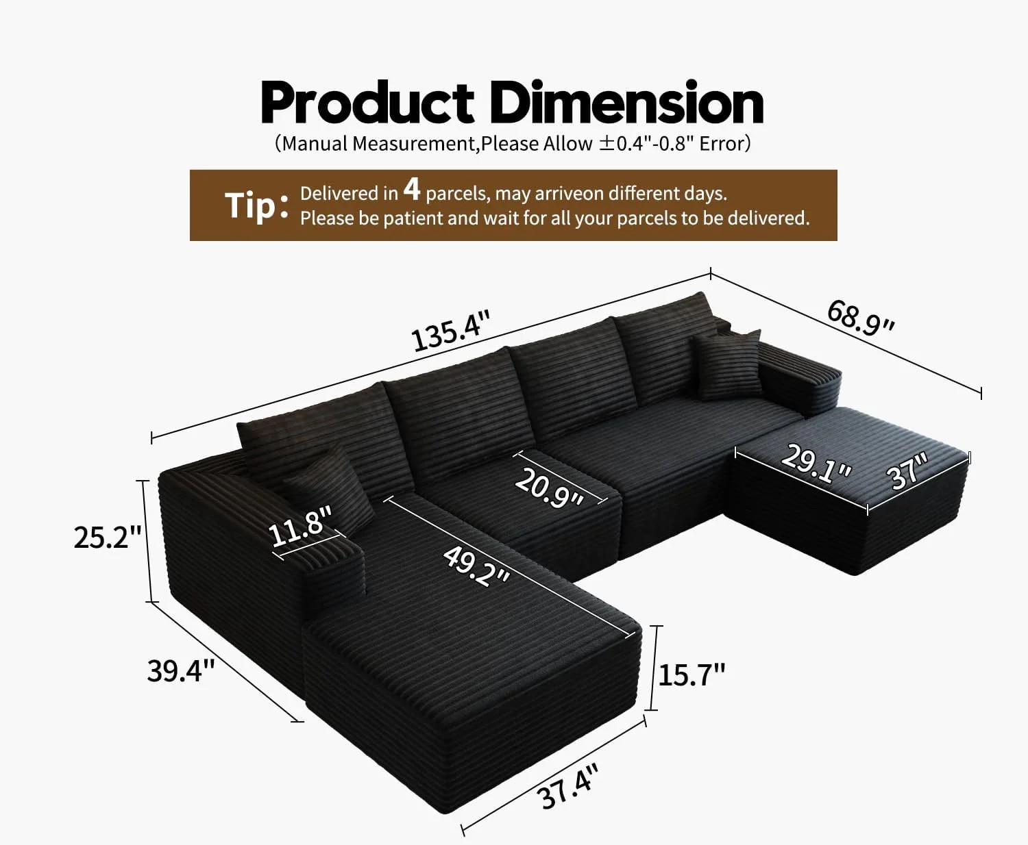 Durable Smart Pick 5" Cloud Modular Sectional Sofa L-Shape Chaise Deep Seat Black Left Facing Reliable