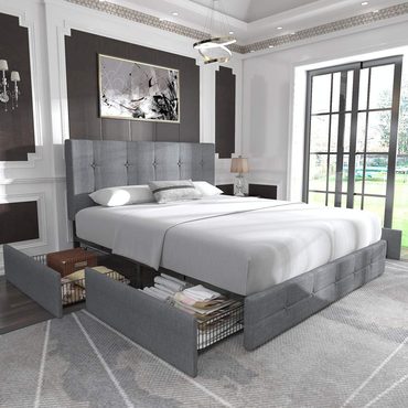 Select Basic Line Allewie Upholstered Queen Size Platform Bed Frame with 4 Storage Drawers and Headboard Sensible