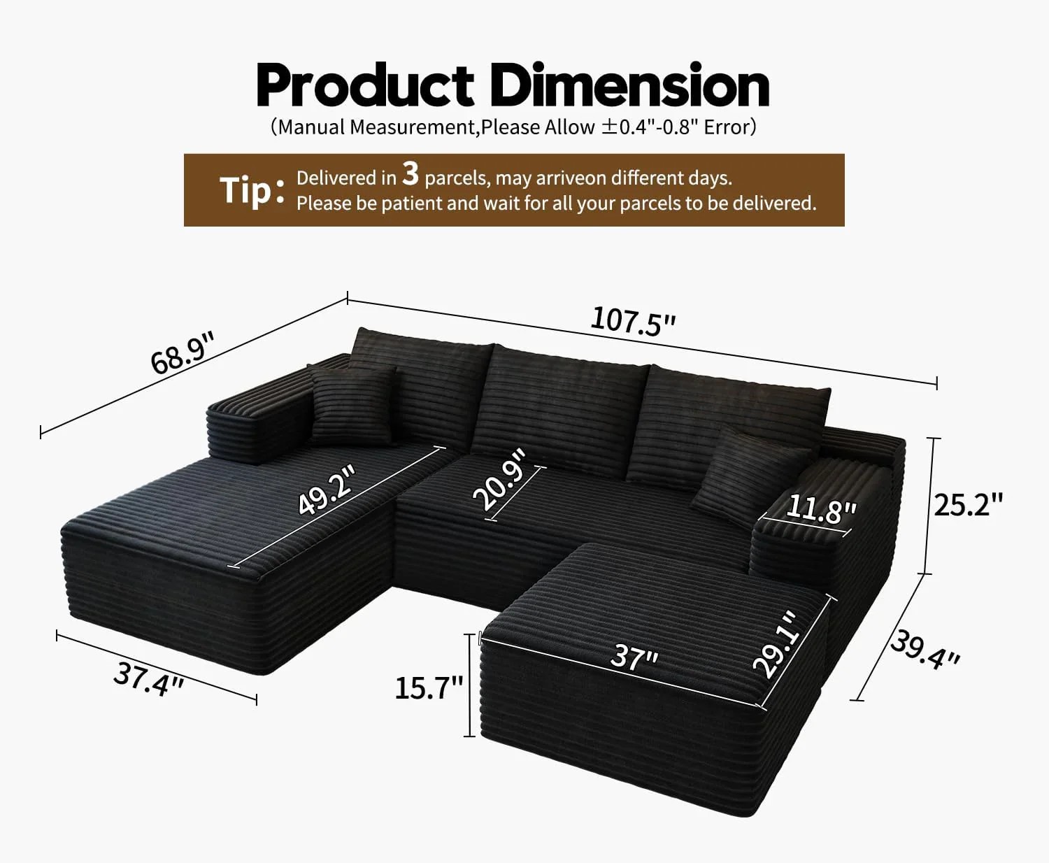 Durable Smart Pick 5" Cloud Modular Sectional Sofa L-Shape Chaise Deep Seat Black Left Facing Reliable