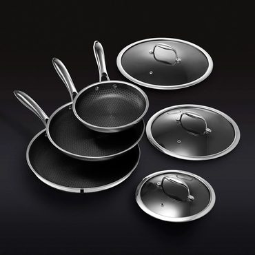 In Stock Pure Value HexClad 6 Piece Hybrid Stainless Steel Cookware Pan Set 8 10 12 inch with Glass Lids Black Universal