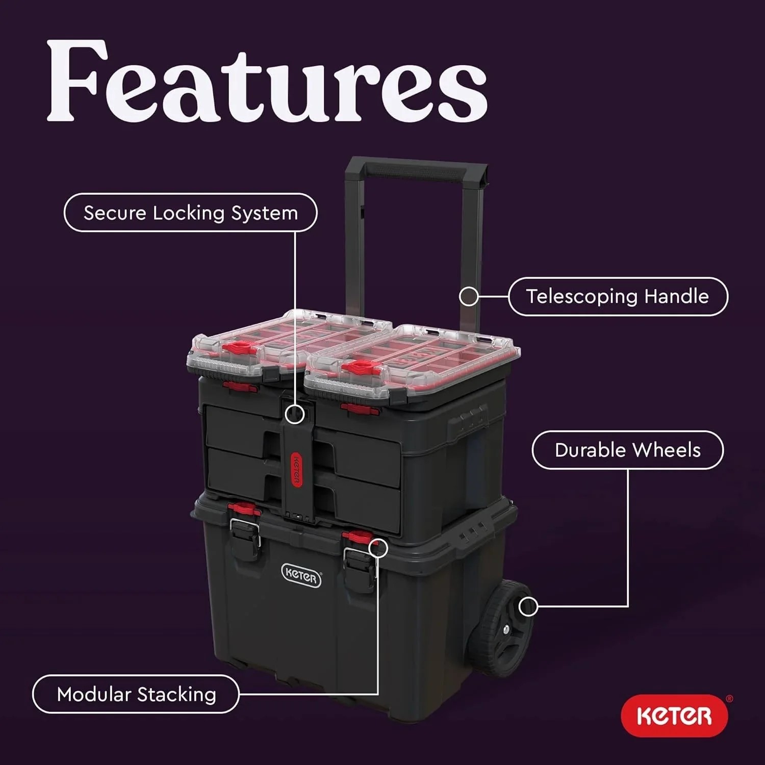 Select Everyday Co Keter Stack-n-Roll Modular Tools Organizer for Garage Storage and DIY 3 Piece Resin Rolling Tool Box System Fine