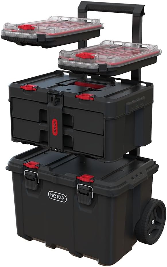 Select Everyday Co Keter Stack-n-Roll Modular Tools Organizer for Garage Storage and DIY 3 Piece Resin Rolling Tool Box System Fine