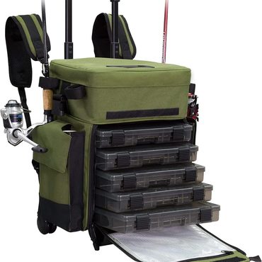 Economy Fresh Find Elkton Outdoors Rolling Tackle Box with Wheels, Waterproof Fishing Backpack, 5 Trays, 4 Rod Holders Everyday