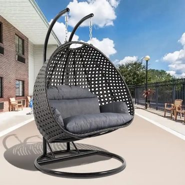 Classic Basic Line LeisureMod 2 Person Hanging Egg Chair with Stand Rattan Wicker Beige Reliable