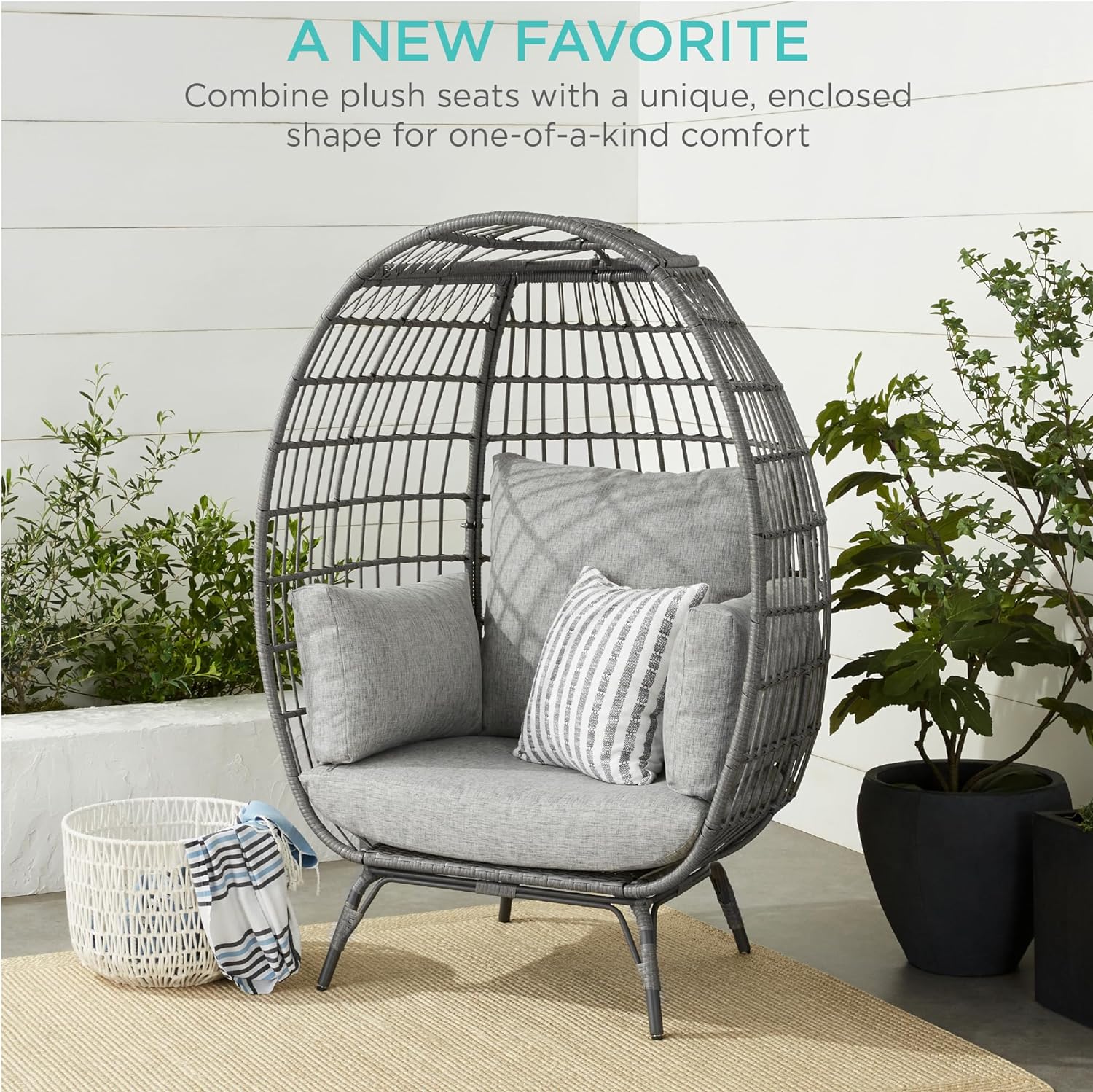 Durable Fresh Find Best Choice Products Wicker Egg Chair Oversized Indoor Outdoor Lounger Ivory Distinctive