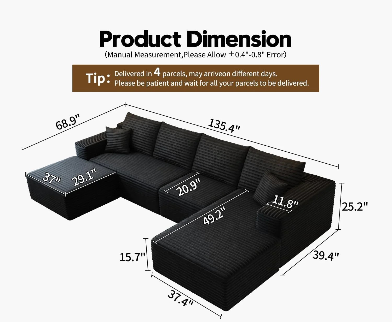 Durable Smart Pick 5" Cloud Modular Sectional Sofa L-Shape Chaise Deep Seat Black Left Facing Reliable