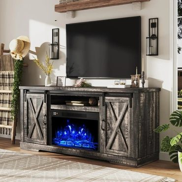 Brand New Standard Goods AMERLIFE Fireplace TV Stand Sliding Barn Door 63" Farmhouse Storage White Original