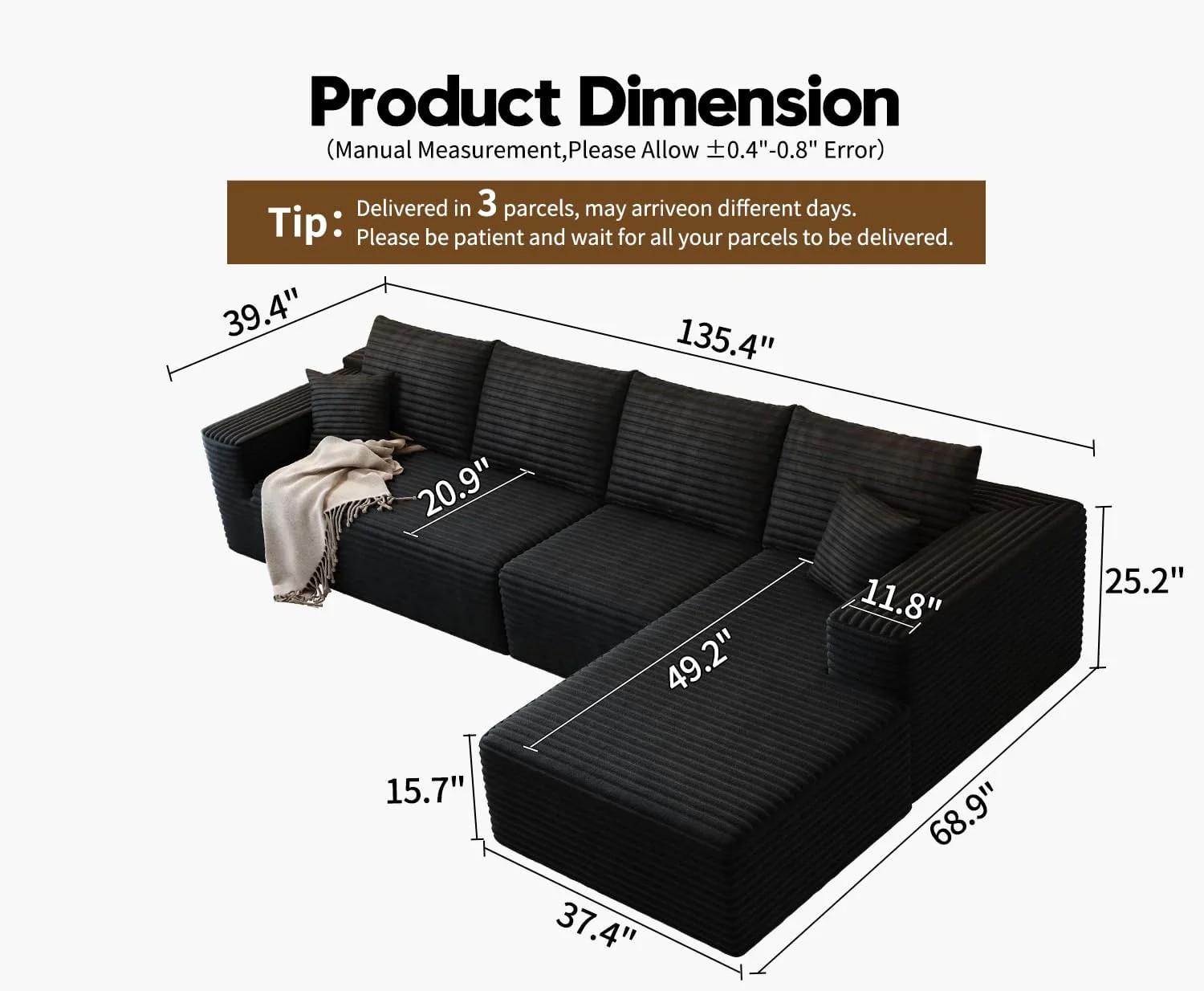 Durable Smart Pick 5" Cloud Modular Sectional Sofa L-Shape Chaise Deep Seat Black Left Facing Reliable