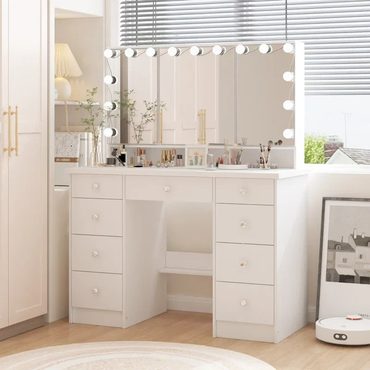 Classic Standard Goods Luxurious LED Makeup Vanity with 9 Drawers Elegant Makeup Station Sensible