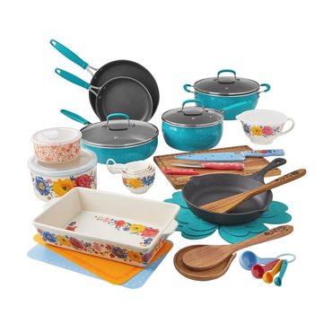 Premium Basic Line The Pioneer Woman Brilliant Blooms 38-Piece Cookware Set, Teal – Complete Kitchen Solution with Floral Design Value