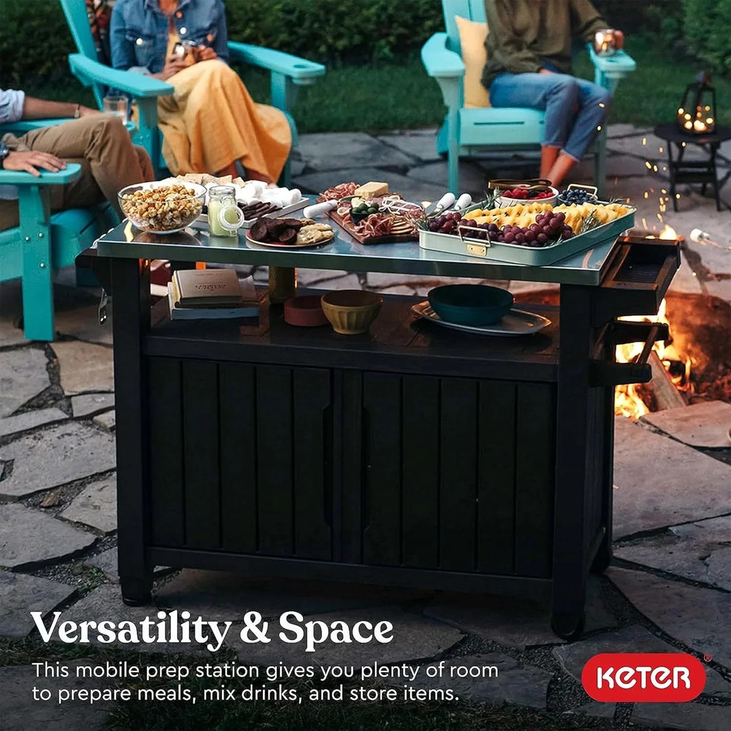 Premium Everyday Co Keter Outdoor Rolling Table Cart for Food Prep, Storage, Bar & Grill, Dark Brown Modern