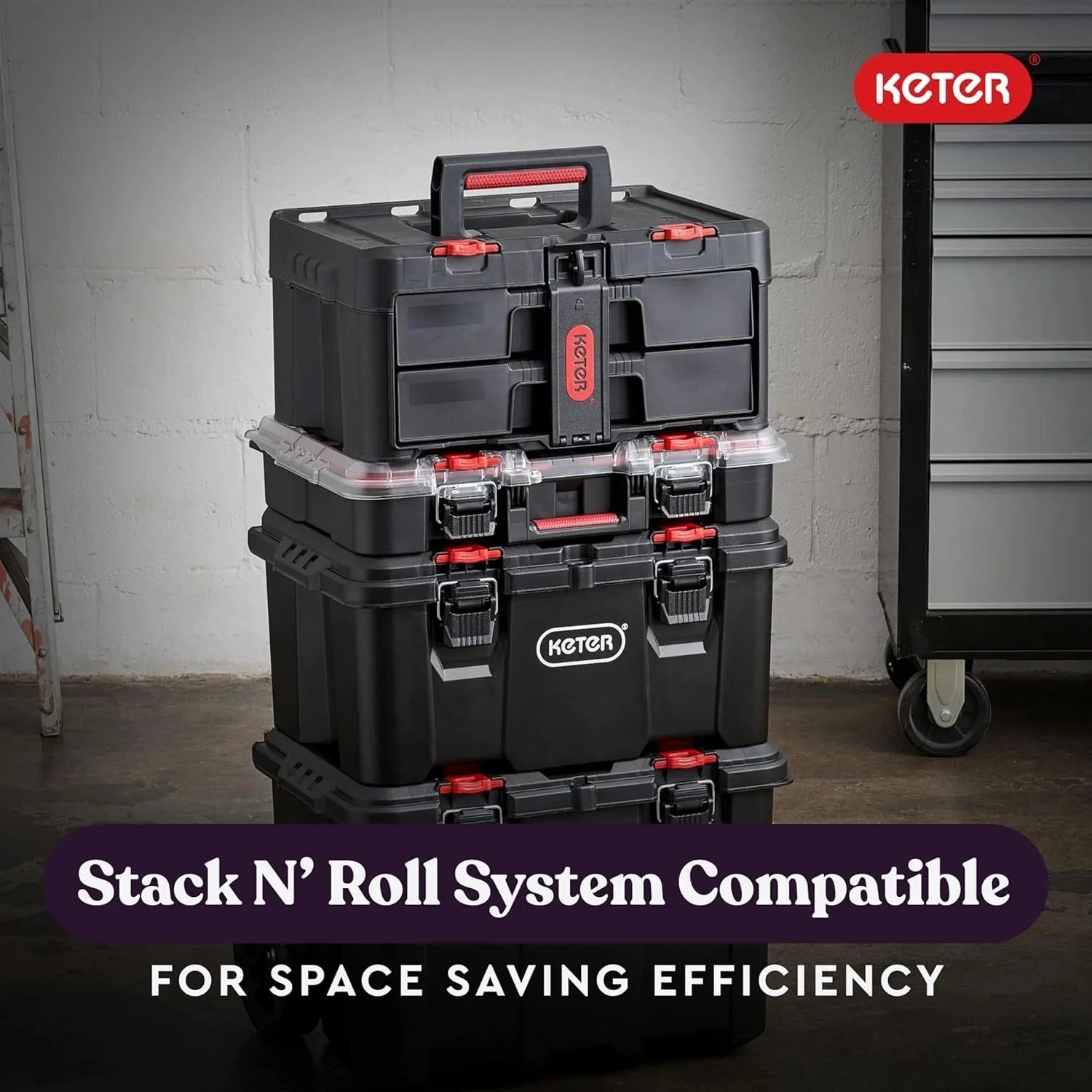 Select Everyday Co Keter Stack-n-Roll Modular Tools Organizer for Garage Storage and DIY 3 Piece Resin Rolling Tool Box System Fine