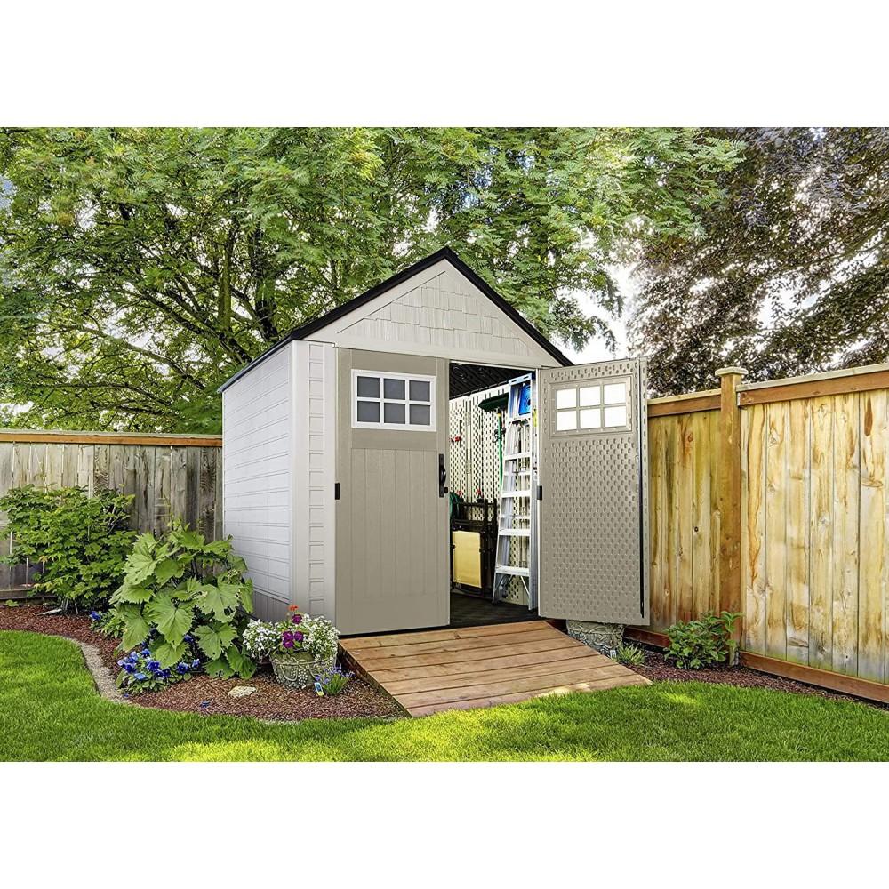 Genuine Open Market Rubbermaid 7x7 Ft Weather Resistant Resin Outdoor Storage Shed with Windows, Sand Practical