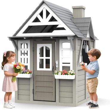 In Season Open Market Kids Wooden Outdoor Playhouse with Kitchen & Accessories, Ages 3–8 Budget