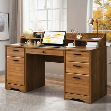 Premium Pure Value Executive Desk with Drawers 58 Inch Wood 6 Drawers Vintage Brown Enhanced