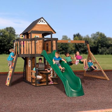 Essential Open Market Backyard Discovery Canyon Creek Cedar Wood Swing Set with Wave Slide, Clubhouse, Play Kitchen Distinctive