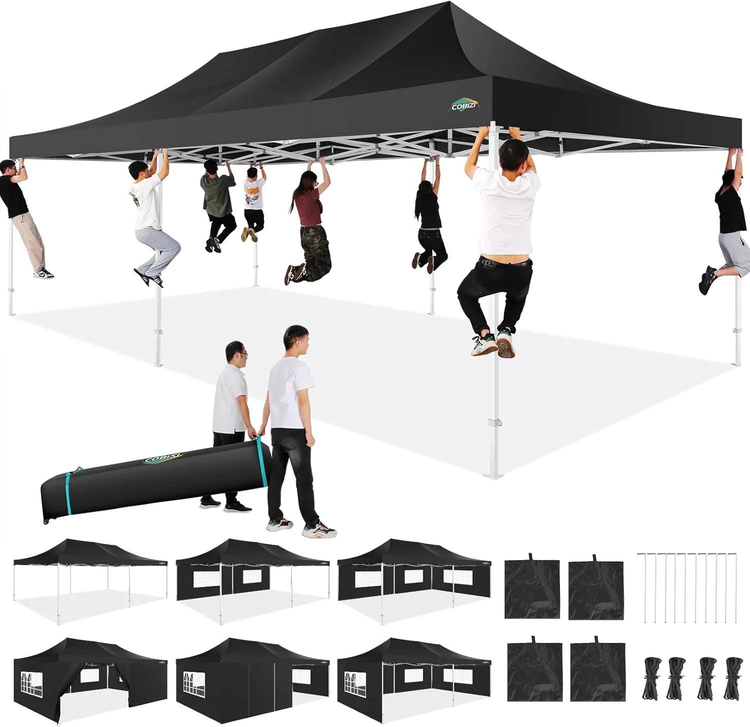 In Stock Pure Value COBIZI 10x20 Heavy Duty Pop up Canopy Tent with 6 Sidewalls Black Functional