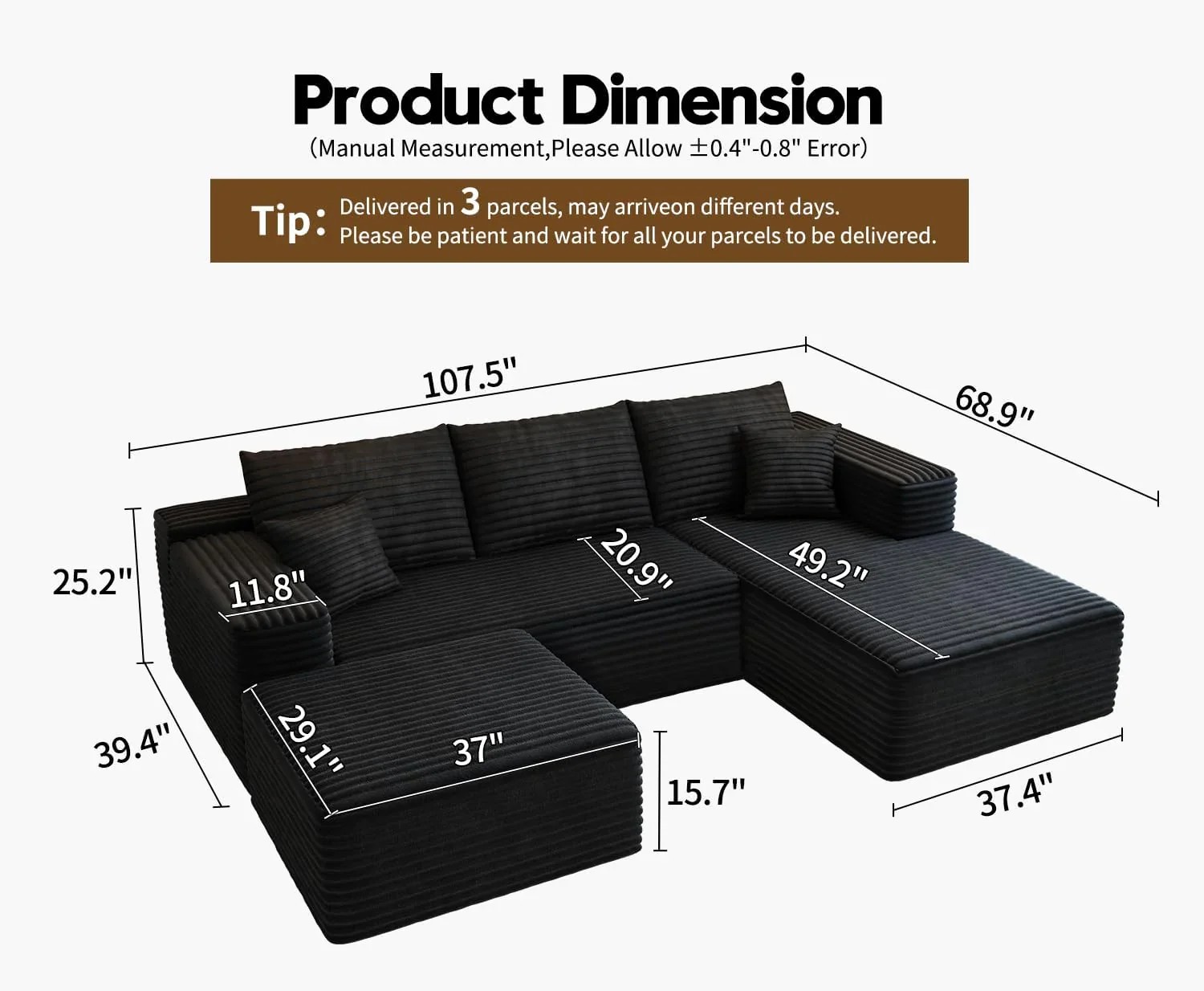Durable Smart Pick 5" Cloud Modular Sectional Sofa L-Shape Chaise Deep Seat Black Left Facing Reliable