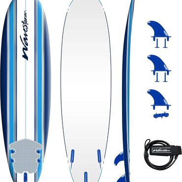 Popular Everyday Co Wavestorm 7ft Classic Soft Top Foam Surfboard Set with Leash and Fins Blue Sensible
