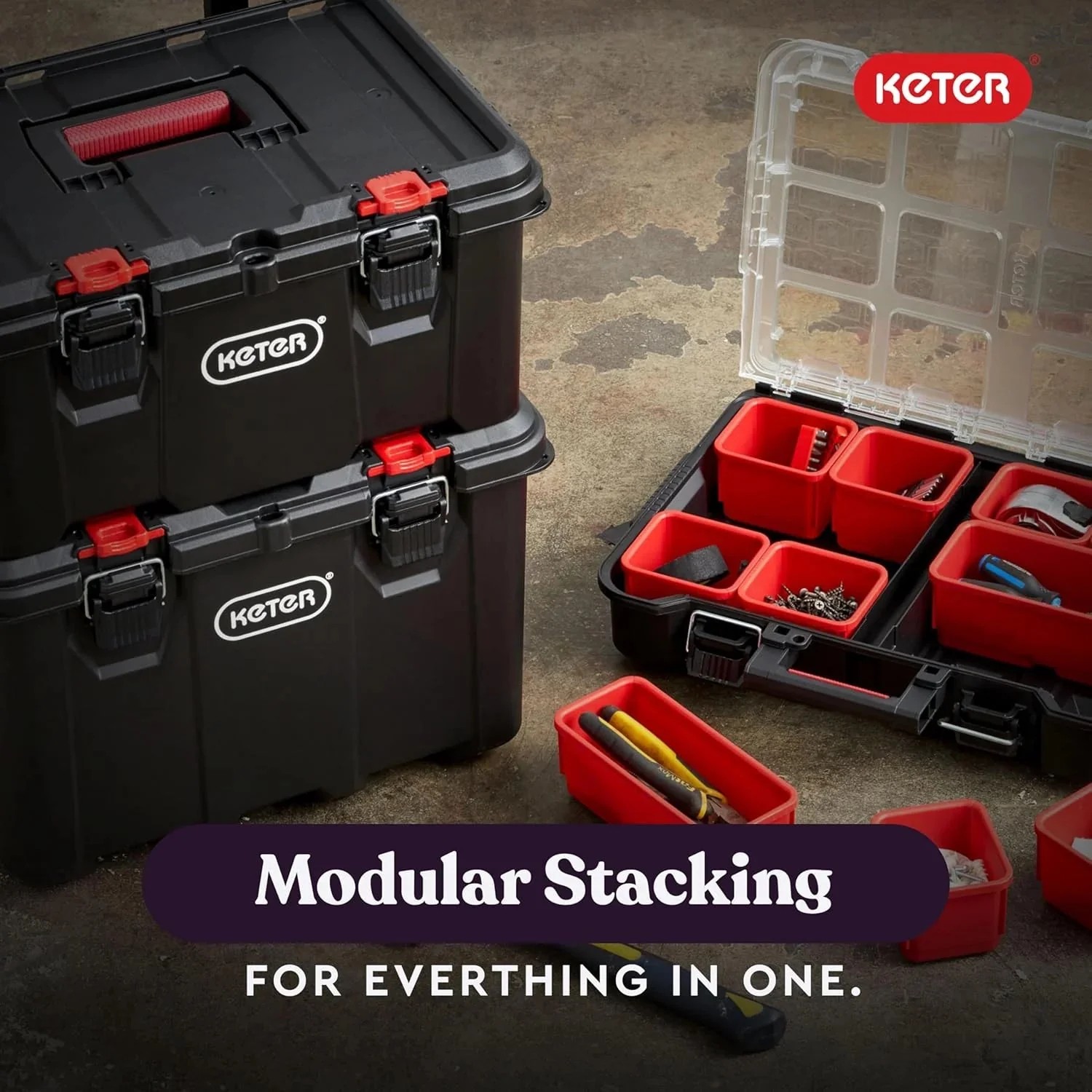 Select Everyday Co Keter Stack-n-Roll Modular Tools Organizer for Garage Storage and DIY 3 Piece Resin Rolling Tool Box System Fine
