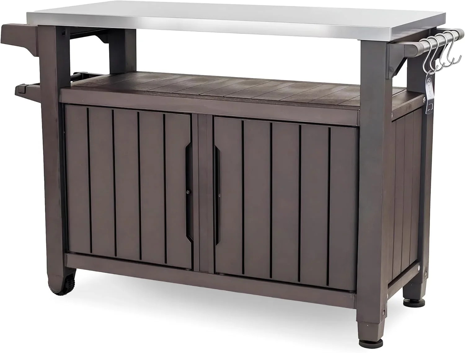 Premium Everyday Co Keter Outdoor Rolling Table Cart for Food Prep, Storage, Bar & Grill, Dark Brown Modern