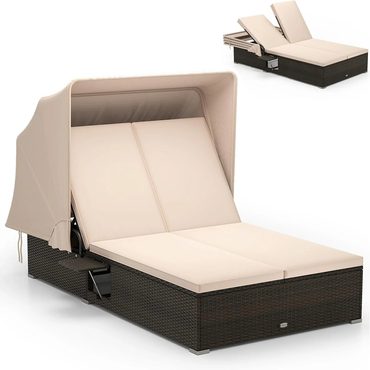 Advanced Direct Source RELAX4LIFE Outdoor Daybed Retractable Canopy Wicker Double Chaise Lounge 6-Position Backrest Value