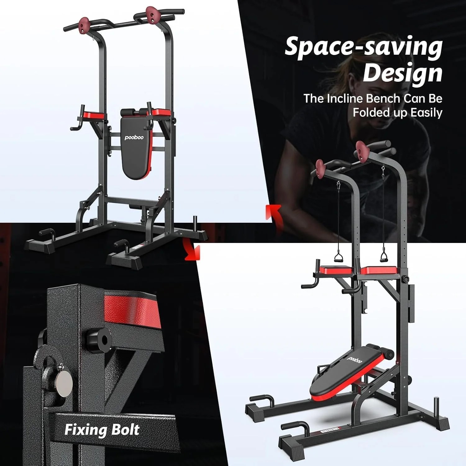Limited Basic Line Pooboo Power Tower Dip Station, Pull-Up Bar, Supine Board, Adjustable Budget