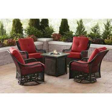 New 2026 Pure Value 2025 5-Piece Steel Patio Fire Pit Conversation Set Navy Blue Cushions Swivel Gliders Distinctive